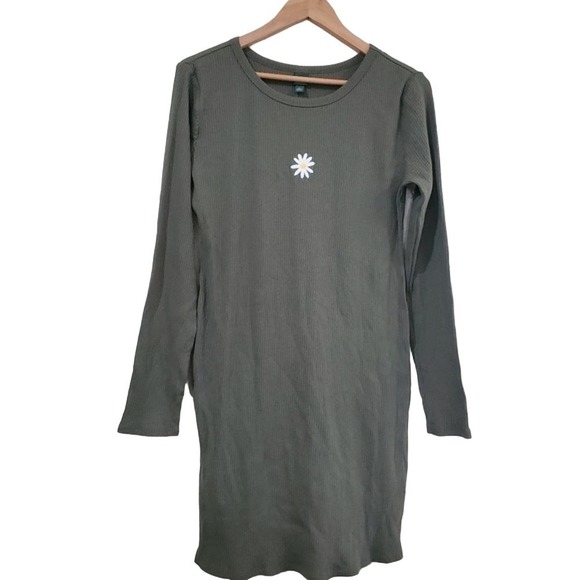 Wild Fable Dress Womens XL Y2K Green Ribbed Knit Long Sleeve White Flower Retro - Picture 1 of 9